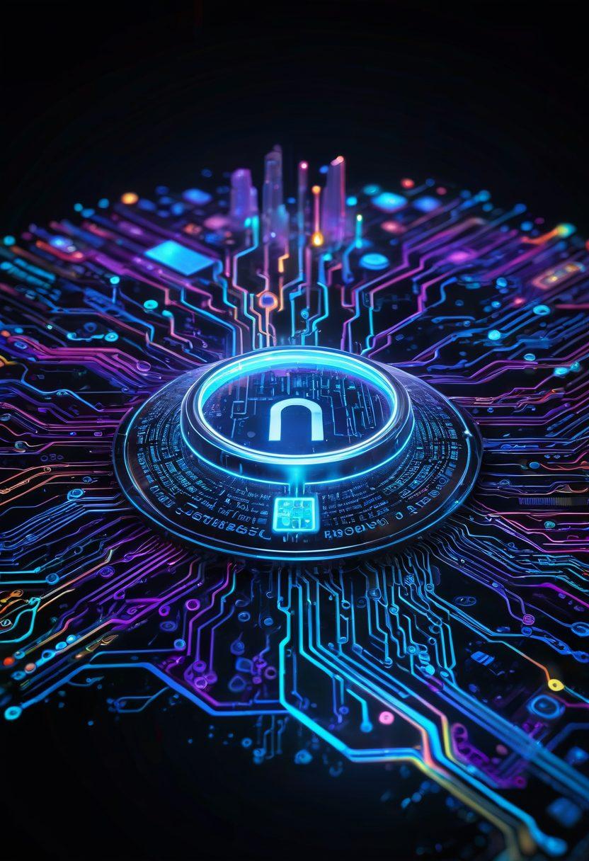 A futuristic digital landscape showcasing elements of SEO and cybersecurity: a glowing computer network protected by shields, magnifying glass inspecting search results, and digital locks. Use bright neon colors with subtle binary codes floating around. super-realistic. vibrant colors. white background.