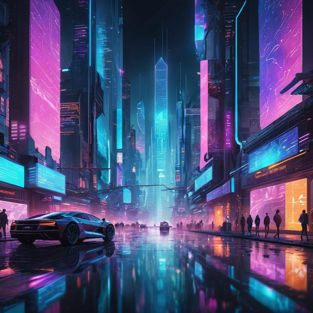 An innovative blend of digital tools interacting seamlessly, featuring a futuristic cityscape backdrop with holographic interfaces, data streams, and smart devices connecting via glowing networks. Showcase tech-savvy professionals collaborating using high-tech gadgets. Capture the essence of cutting-edge solutions driving online success. cyberpunk. vibrant colors.