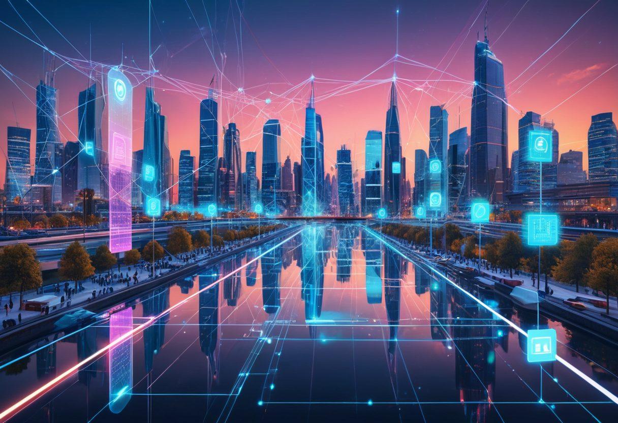 A futuristic cityscape with interconnected digital lines and holographic elements, showcasing major web trends like AI, blockchain, and 5G networks. People using advanced gadgets seamlessly integrated into the environment, with floating charts and graphs representing digital solutions. super-realistic. vibrant colors. high-tech aesthetics.